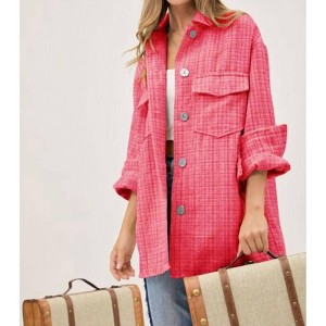 Women's Collared Overshirt With Front Pockets & Raw Edge - DAVI & DANI - 1 of 2