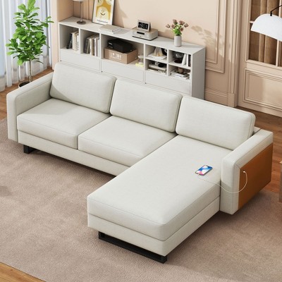 GDFStudio Longman Modern Wood and Linen Upholstered L-shaped 3-Seat Sectional Sofa with Chaise Longue