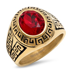 Steeltime Men's stainless steel greek key accented ring with red simulated diamond. Color Options: Silver, Gold. Size Options: 9-12 - 1 of 4