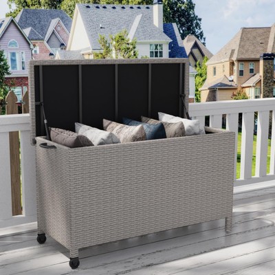150-Gal Outdoor Wicker Deck Box w/Wheels, Waterproof Rattan Storage for Patio Cushions, Garden Tools & Pool Gear