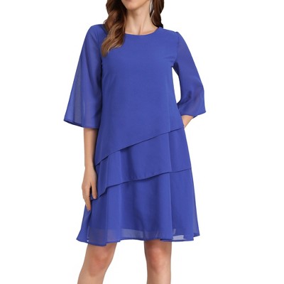 INSPIRE CHIC Women's Round Neck Semi Sheer 3/4 Bell Sleeve Asymmetrical Layered Tiered Midi Dress
