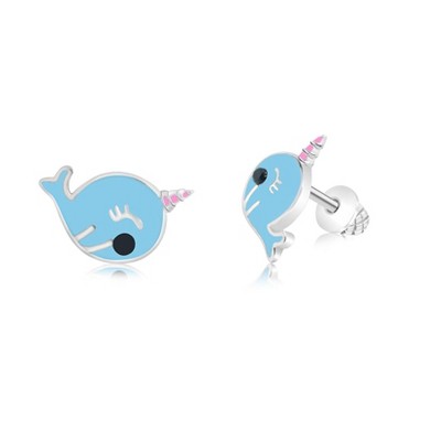 Chanteur Hypoallergenic Kids Jewelry Accessories Narwhal Blue Enamel White Gold Palladium Plating Stud Earrings Surgical Titanium Posts