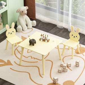 KTMBDW Kids Table and Chair Set with 2 Bunny Chairs, Wooden Activity Table for Toddlers, Cute Animal Design Study Play Set for Playroom, Cream Yellow - 1 of 4