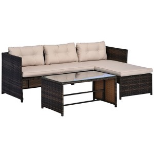 Outsunny 3 Piece Patio Furniture Set, Rattan Outdoor Sofa Set with Chaise Lounge & Loveseat, Soft Cushions, Table, L-Shaped Sectional Couch - 1 of 4