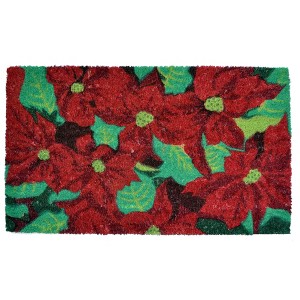 HomeRoots 18" X 30" Red and Green Coir Poinsettia Outdoor Christmas Door Mat - 1 of 4