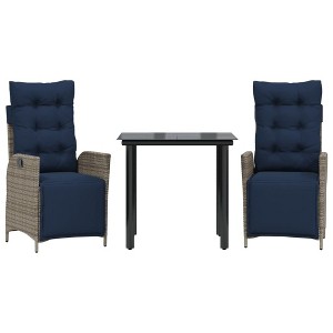 vidaXL Patio Dining Set - Adjustable PE Rattan Recliners with Cushions & Glass-Top Table for Outdoor, Garden, Backyard - Gray/Navy Blue - 1 of 4