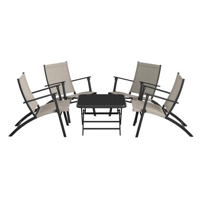 COSCO 5-Piece Outdoor Conversation Set with 4 Foldable Sling Chairs and Accent Table, Black/Beige