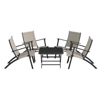 COSCO 5-Piece Folding Sling Chairs and Accent Table, Black and Beige