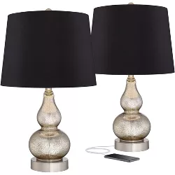 360 Lighting Modern Accent Table Lamps 22" High Set of 2 with USB Port Mercury Glass Black Drum Shade for Living Room Desk Bedroom House Bedside