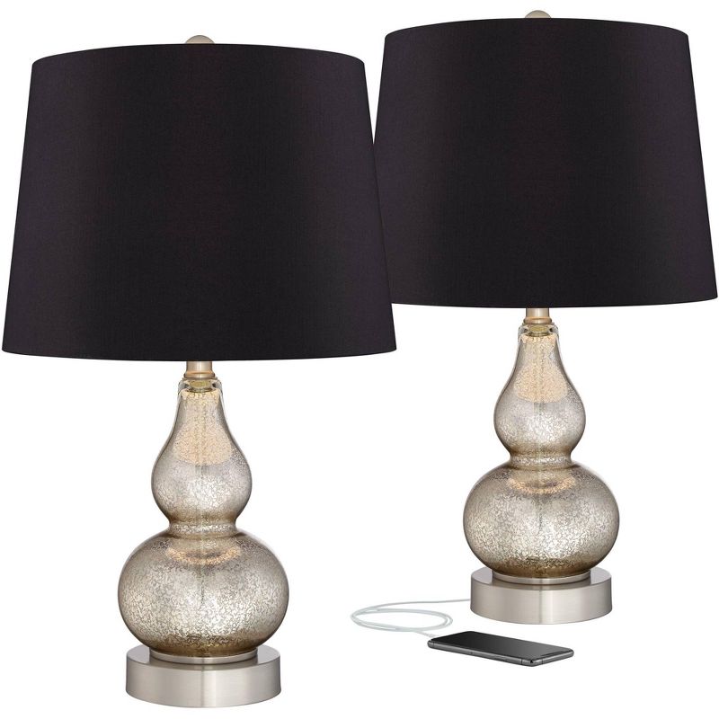360 Lighting Castine Modern Accent Table Lamps 22" High Set of 2 Mercury Glass with USB Charging Port Black Faux Silk Shade for Bedroom Bedside Desk, 1 of 7