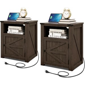 Dyonery 18" Rustic Nightstand with Chargers Dark Gray Living Room Rustic Nightstand Wooden Nightstand - 1 of 4