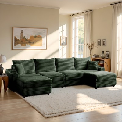 MYINDA 133.8'' Corduroy Deep Seat Sectional Sofa, Thick Padded Multi-Person Sofa with Storage Armrests, USB and Cell Phone Holder