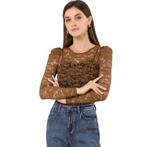 INSPIRE CHIC Women's Vintage Semi-Sheer Puff Long Sleeve Embroidery Lace Floral Blouse - 1 of 4