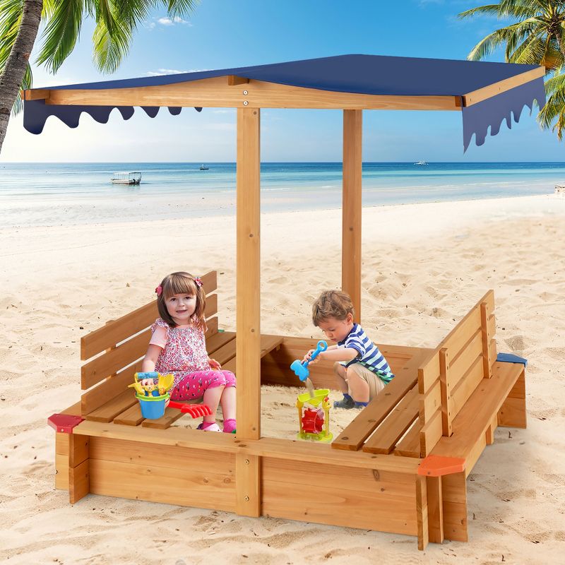 Costway Kids Wooden Sandbox w/ Canopy & 2 Bench Seats Bottom Liner for Outdoor, 2 of 11