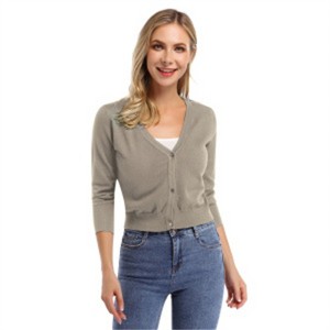 Clearlove Women's Cropped Bolero Cardigan – 3/4 Sleeve V-Neck Basic Classic Casual Button Down Knit Soft Sweater Top - 1 of 4