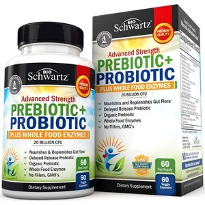 Prebiotic and Probiotic 20 Billion CFU + Whole Food Enzymes Capsules, Shelf-Stable, Probiotics Lactobacillus Acidophilus, Bioschwartz, 60ct - 1 of 4