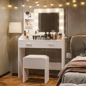 Vanity Desk with Power Outlet, Makeup Vanity with Large Mirror and LED Lights, 7 Drawers & Cushioned Stool - 1 of 4
