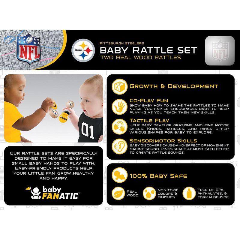 Baby Fanatic Wood Rattle 2 Pack - NFL Pittsburgh Steelers Baby Toy Set, 3 of 5
