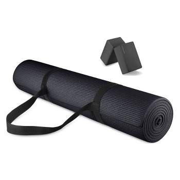 Signature Fitness All Purpose 0.25 Inch Thick High Density No Tear Exercise Yoga Mat with Strap & Lightweight Features for Indoor & Outdoor Use, Black