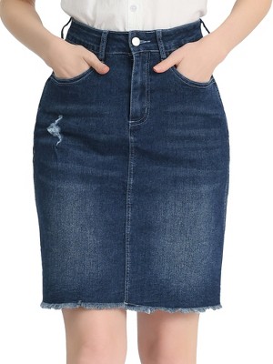 INSPIRE CHIC Women's Basic Distressed High Waist Ripped Hem Washed Jeans Skirt