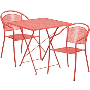 Emma and Oliver Commercial Grade 28" Square Coral Folding Patio Table Set-2 Round Back Chairs - 1 of 4