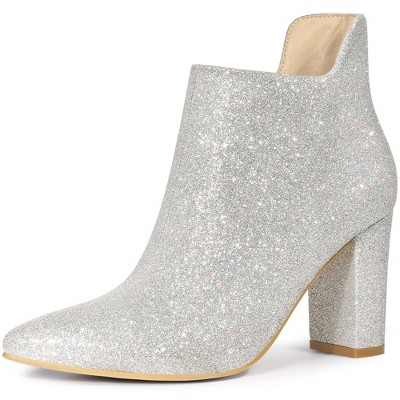 Allegra K Women's Pointed Toe Cutout Block Heels Glitter Ankle Booties
