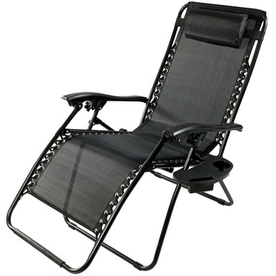 Sunnydaze Oversized Folding Fade-Resistant Outdoor XL Zero Gravity Lounge Chairs with Pillow and Cup Holder - Black