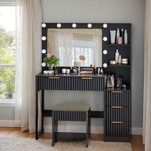 White Particle Board Veneered with Textured Melamine, 5-drawer 2-tier Shelf, comes with 11 Three-color Dimmable Bulbs, Dressing Table Set - 1 of 4