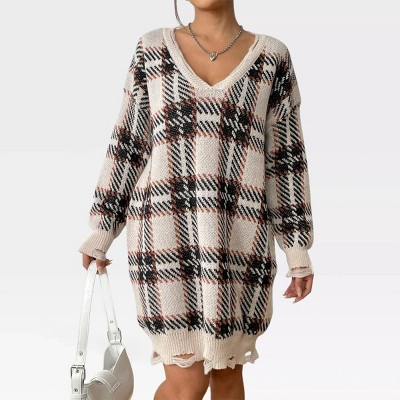 Womens Loose Fit Plaid Sweater Dress V Neck Frayed Cuff Sweater Dress One Size Fits Most Trendy Oversized Pullovers Plaid Jumpers Mini Dress