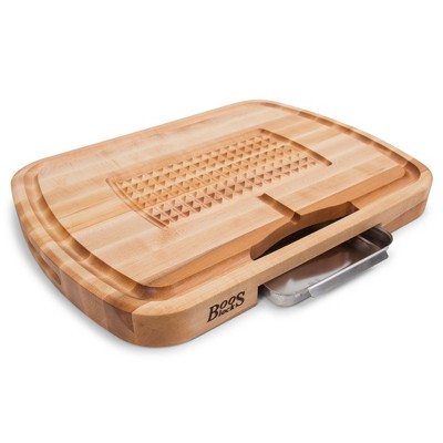 John Boos Boos Block Large Reversible Wood Carving Board with Juice Groove and Stainless Steel Tray, 2.25-Inch Thickness, 24" x 18" x 2 1/4", Maple