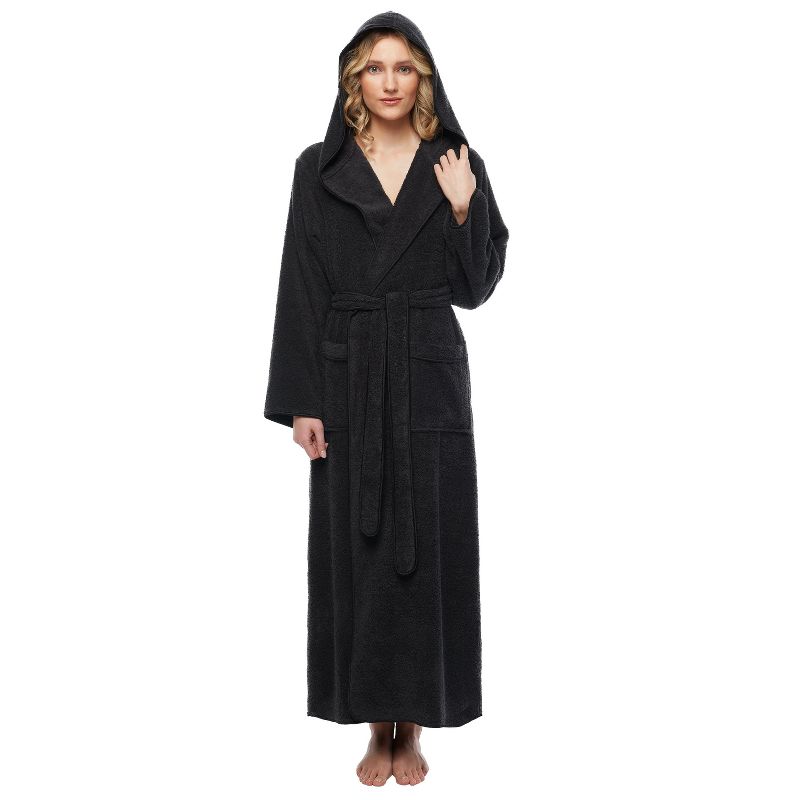 Arus Women's Hooded Turkish Terry Cotton Robe Lightweight Ankle Length Bathrobe with Overlock Stitching , Black , Large