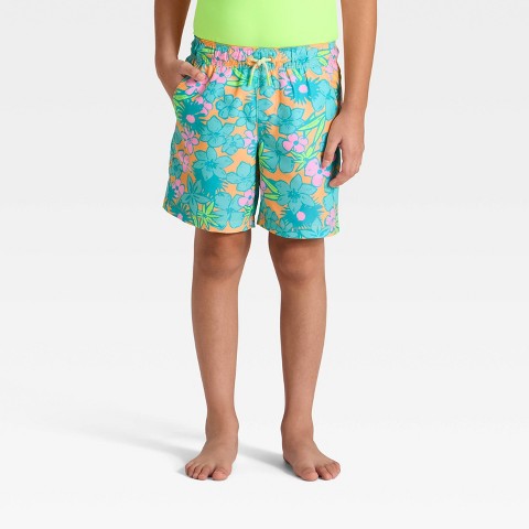 Cat & Jack Boys' Floral Trunk Swim Shorts - Cat & Jack™ Orange/Teal/Lime M
