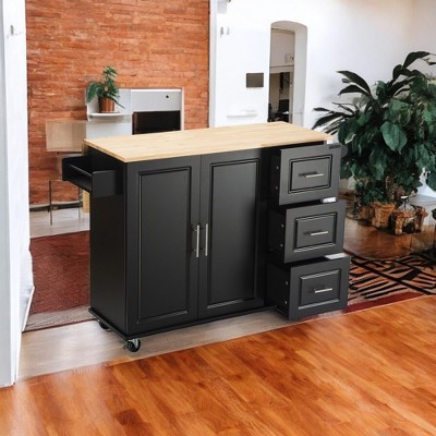 Alilang 53.93 Inch Drop-Leaf Kitchen Cart with Rolling Wheels and Natural Wood Top - Black