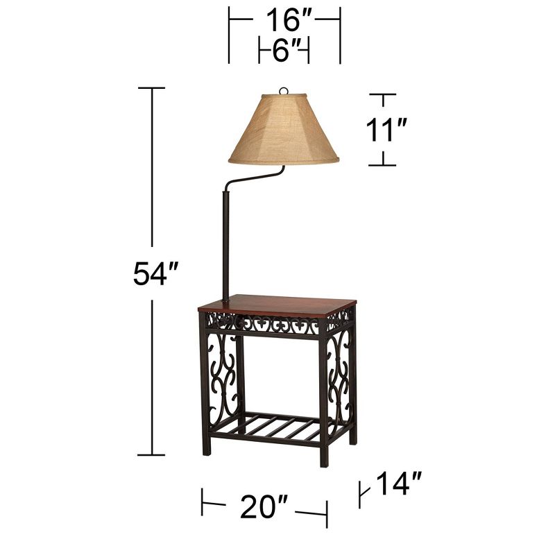 Regency Hill Travata Rustic Vintage Floor Lamp with End Table 54" Tall Bronze Scrollwork Swing Arm Burlap Fabric Empire Shade for Living Room Reading, 4 of 9