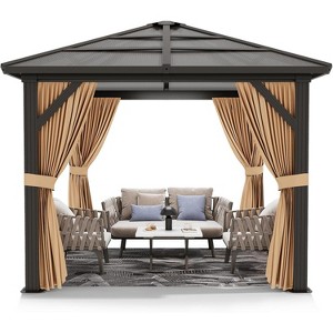 10x10ft Hardtop Gazebo, Outdoor Canopy Aluminum Frame Permanent Gazebo with Netting and Curtains, Polycarbonate Garden Tent for Patio Lawn Backyard - 1 of 4