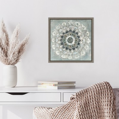 Sunburst Mandala 16" Grey and Blue Framed Canvas Art