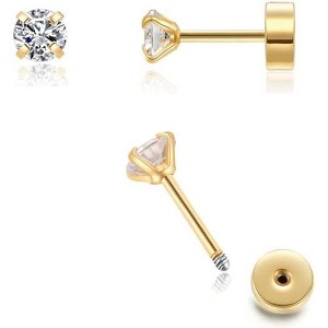 Gold Plated Flat Screw Back CZ Stud Earrings - 2/3/4mm Cubic Zirconia Earrings for Cartilage, Tragus & Earlobe Piercing - 1 of 4