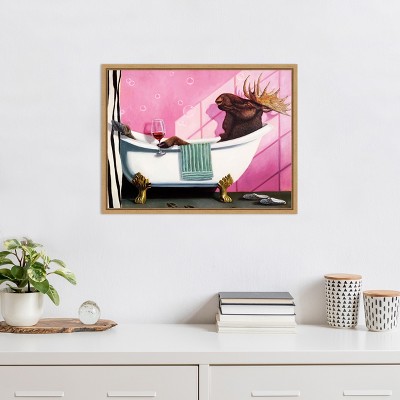 Whimsical Moose in Bath Framed Canvas Print 18x24