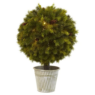 Topiary Pine Ball with LED Lights in Iron Pot (23") - Nearly Natural