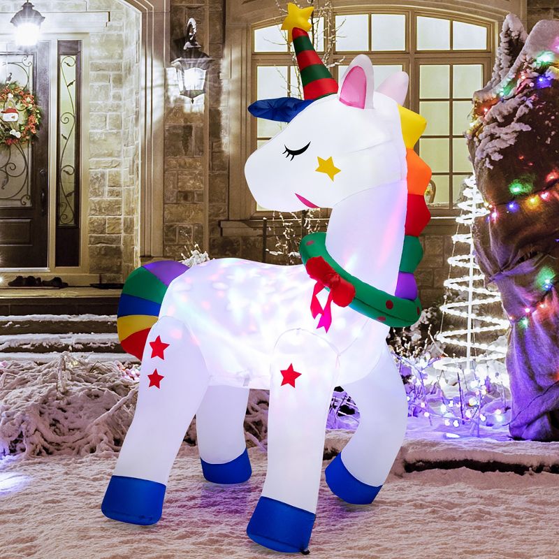 Costway 6FT Tall Christmas Magic Unicorn, Inflatable Unicorn Decoration with Rainbow Tails & Christmas Wreath, 1 of 10