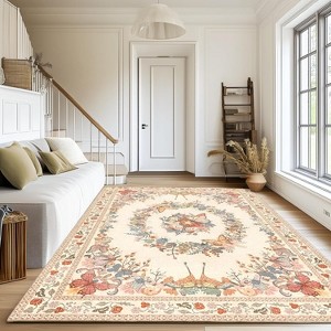 Large Beige Butterfly Floral Area Rug, Ultra-Thin Non-Slip Washable Mat for Living Room & Bedroom - 1 of 4