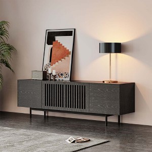 POVISON Mid-Century Modern TV Stand, Minimalist Slatted Wood TV Console with 4 Cabinets and Black Tall-Cast Metal Feet, Black Oak - 1 of 4