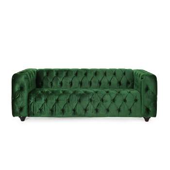 Sagewood Contemporary Velvet Tufted 3 Seater Sofa Emerald/Espresso - Christopher Knight Home