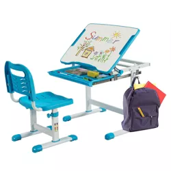 Costway Kids Desk and Chair Set Height Adjustable w/Tilted Tabletop & Drawer Pink/Blue