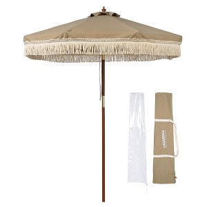 LAGarden BOHO 7' Fringe Patio Umbrella with Tassels UPF50+ Boho Style 5-Year-Non-Fading for Outdoor Yard Market Mocha Meander brown - 1 of 4
