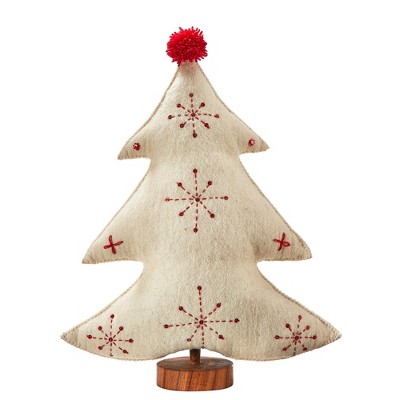 tagltd Embroidered Wool Ivory Christmas Tree Decorations for Tabletop or Mantel Tall 17 inch