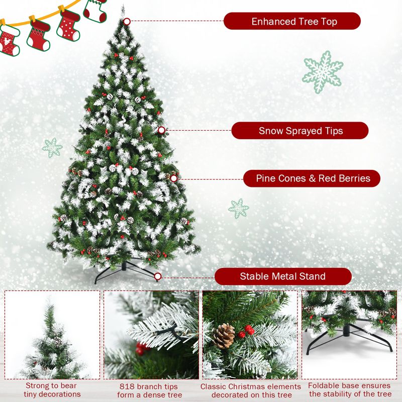 Tangkula 6ft Pre-lit Snowy Christmas Tree Pre-strung Xmas Decoration Tree w/ 250 Warm White LED Lights & 818 PVC Tips, 3 of 11