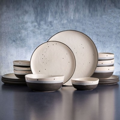 Cream and Gray Ceramic Reactive Glaze Dinnerware Set, Service for 4
