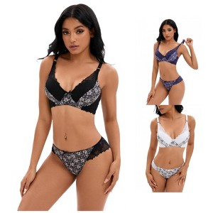 INSPIRE CHIC 3 Sets Women's Floral Mesh Push-Up Underwire Lace Bra and Underwear Lingerie Set - 1 of 4