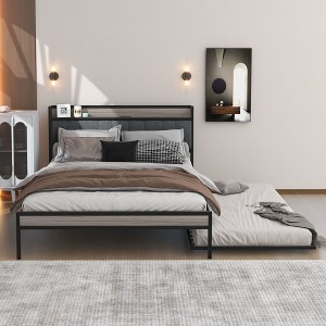 Queen Size Metal Platform Bed Frame with Twin size trundle, Upholstered headboard, Sockets, USB Ports and Slat Support, No Box Spring Needed - 1 of 4